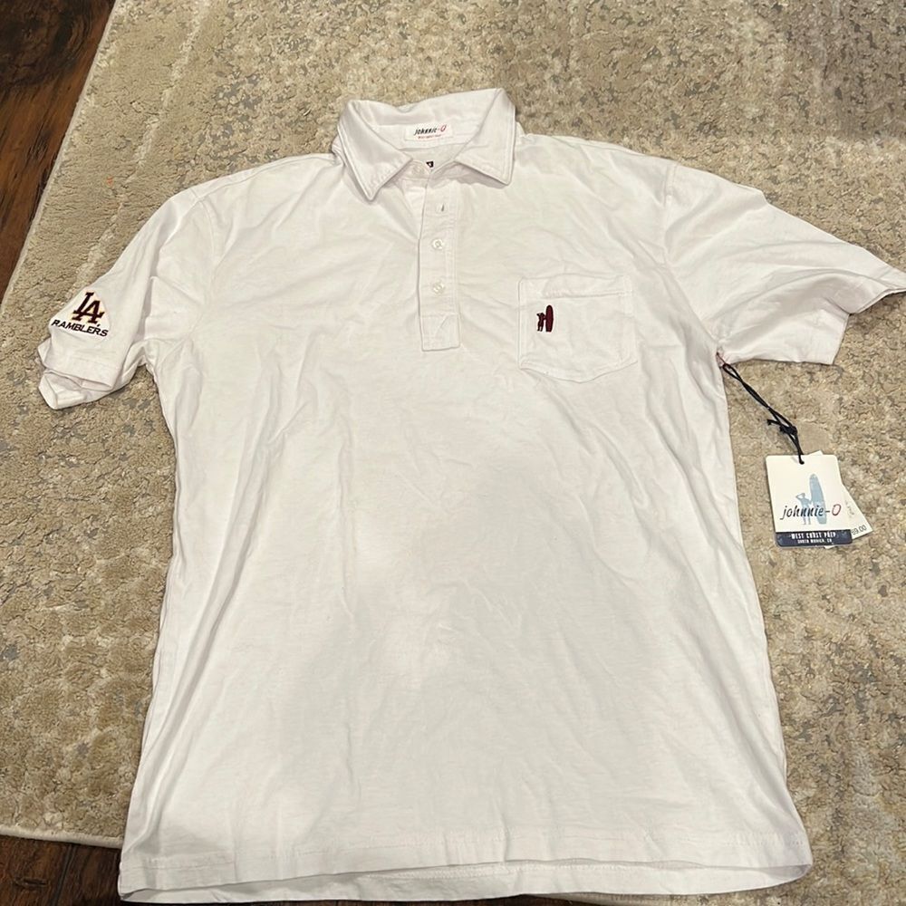 Johnnie-O White Polo with Surfboard logo and LA Ramblers on sleeve NWT size S